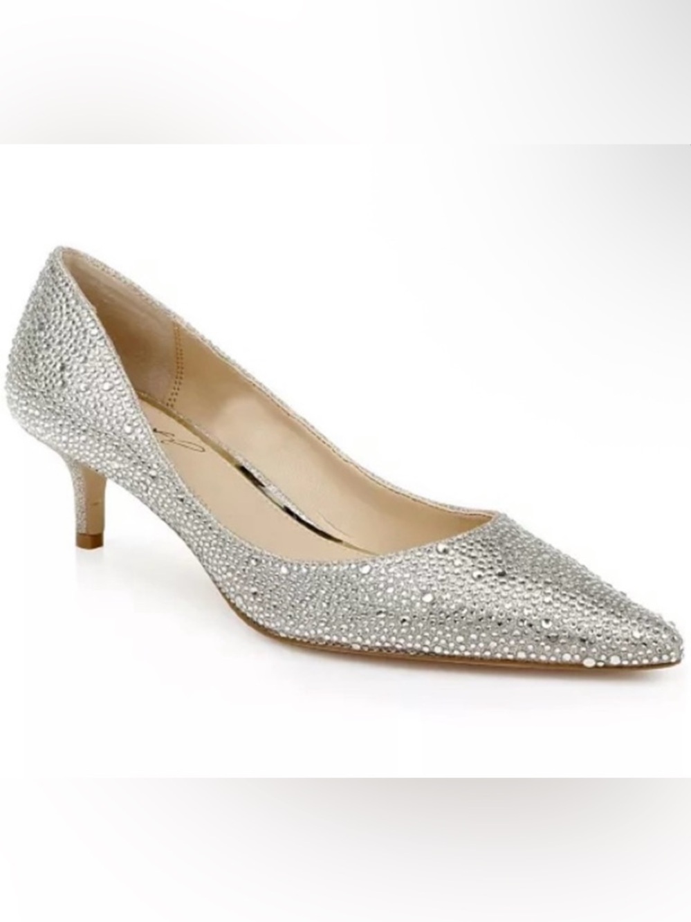 Jewel Badgley Mischa silver  Crystal Embellished Pointed-Toe Kitten Heel Pump